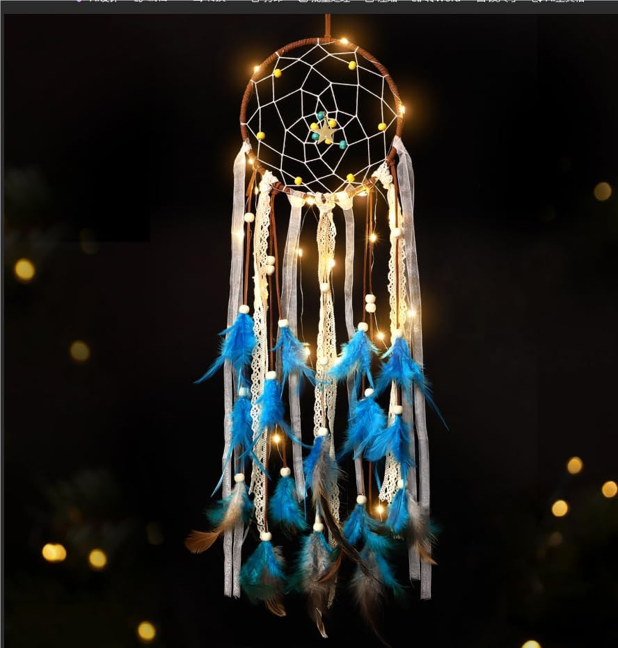 Dream Catcher Handmade Blue Dreamcatcher with LED Fairy Lights, Feather Circular