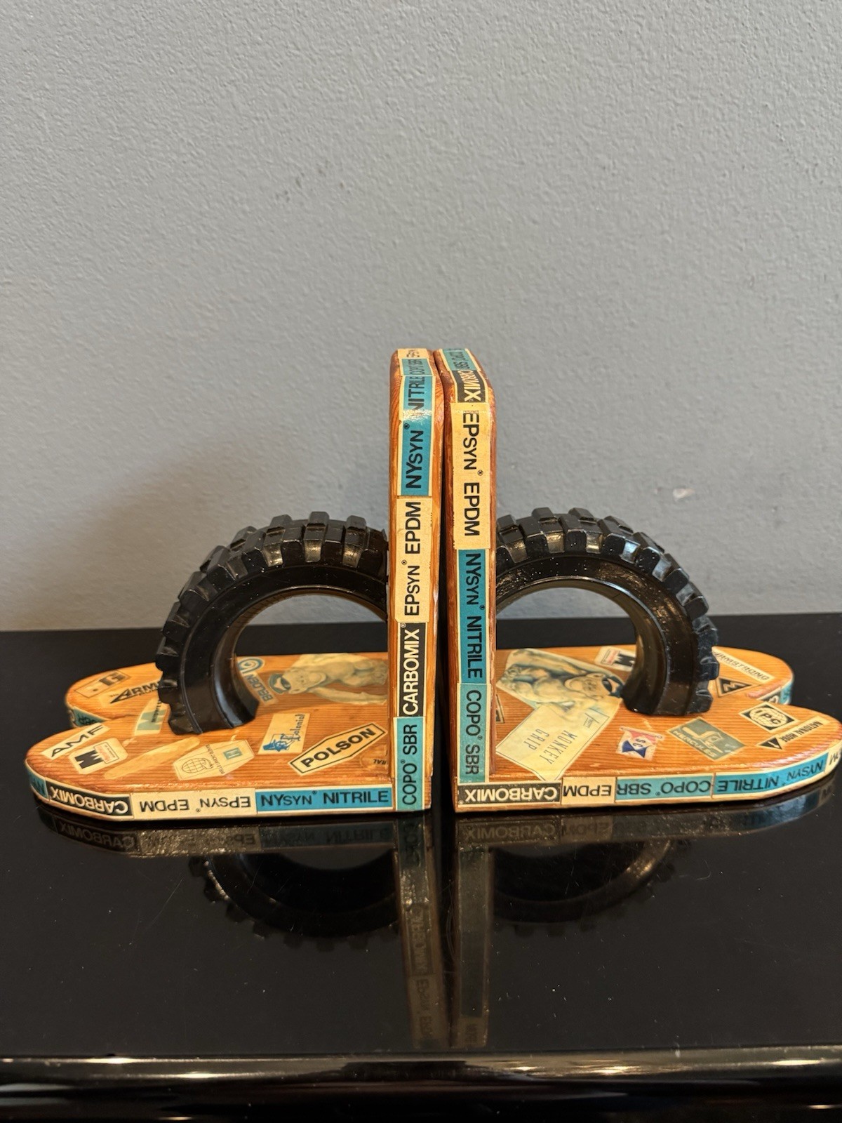 VTG 1970s 1980s Wood Bookends Tire Rubber Racing Theme Unique Retro 70s 80s
