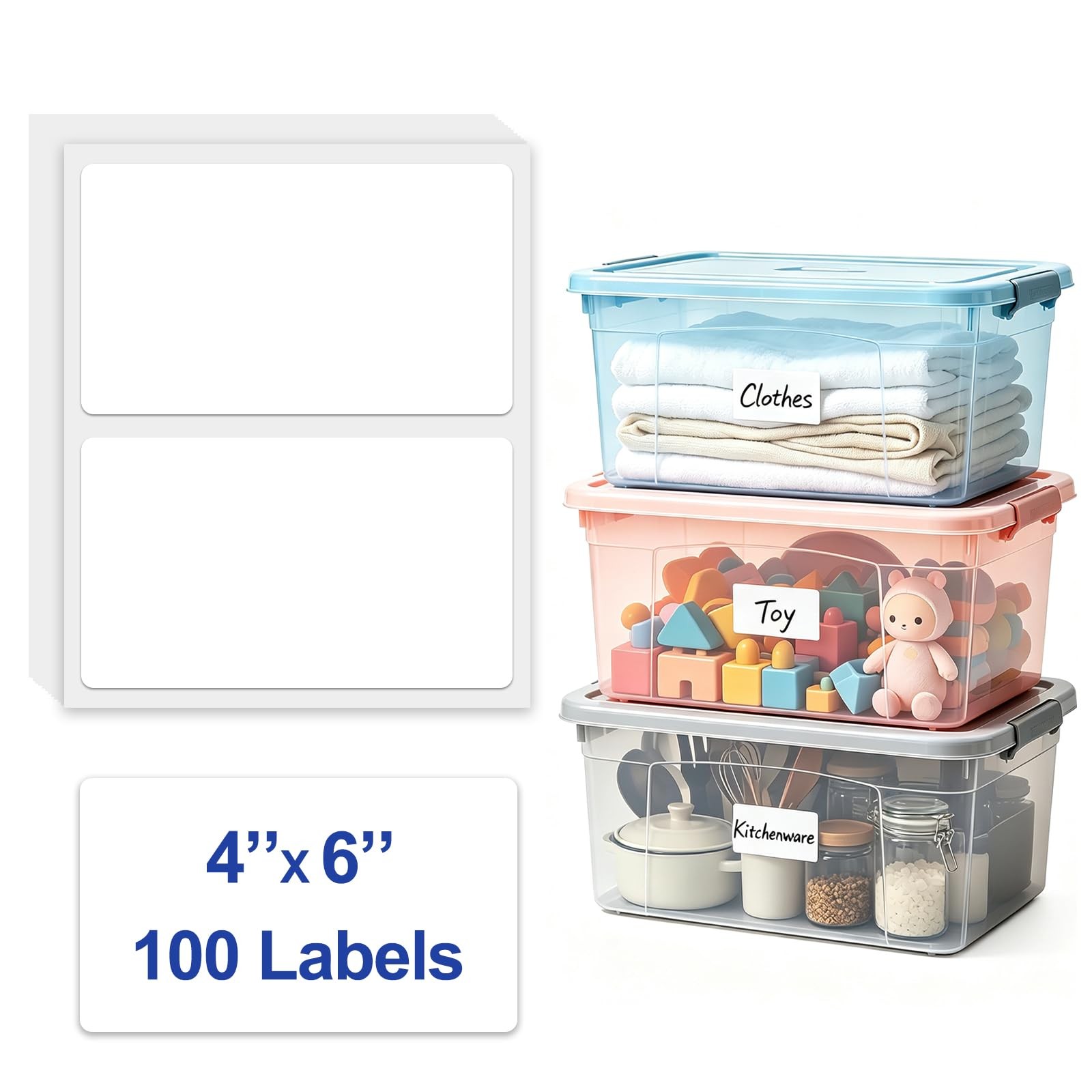 100 Pcs Large Labels for Storage Bins, 6 x 4 Inch Removable Labels | Blank Ad...