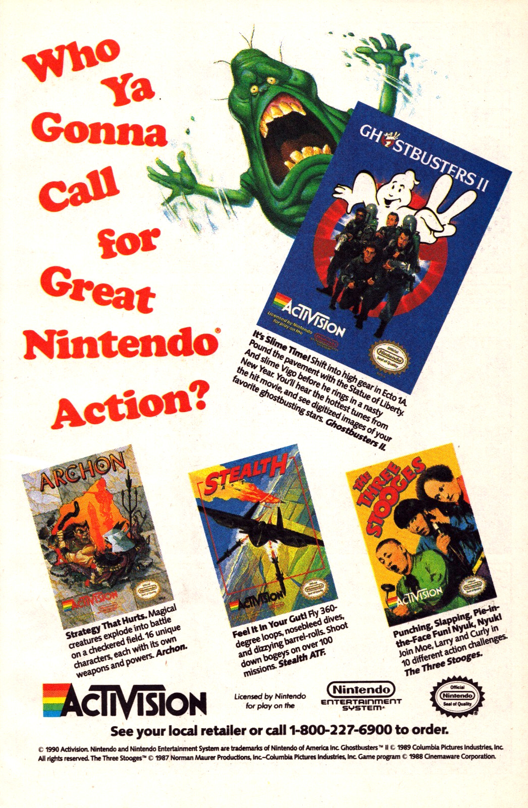 1990 GHOSTBUSTERS II THE THREE STOOGES ARCHON STEALTH PRINT AD - NES VIDEO GAME