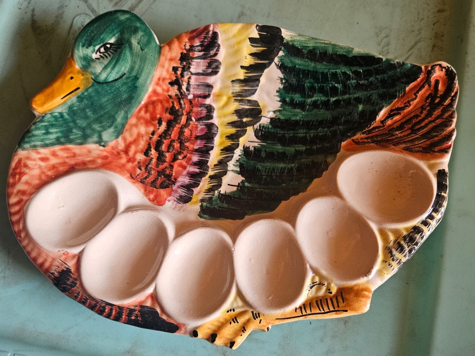Vintage hand painted Mallarard duck devild egg platter 50s 60s Italy