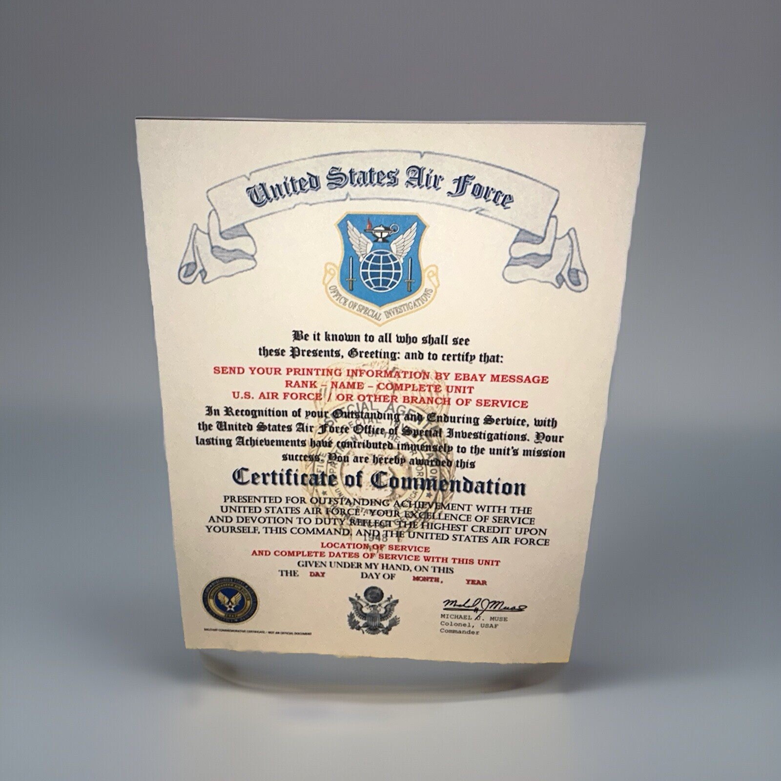 U.S.A.F. / AIR FORCE SPECIAL INVESTIGATIONS - CERTIFICATE OF COMMENDATION