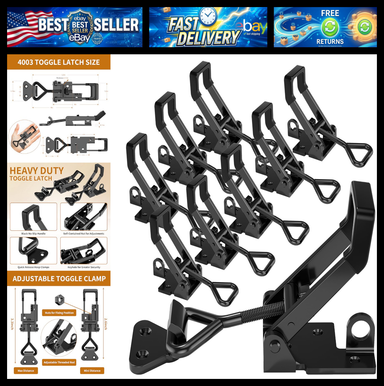 8Pack Heavy Duty Toggle Clamp Latch 4003 Style Pull Clamp Black for Smoker