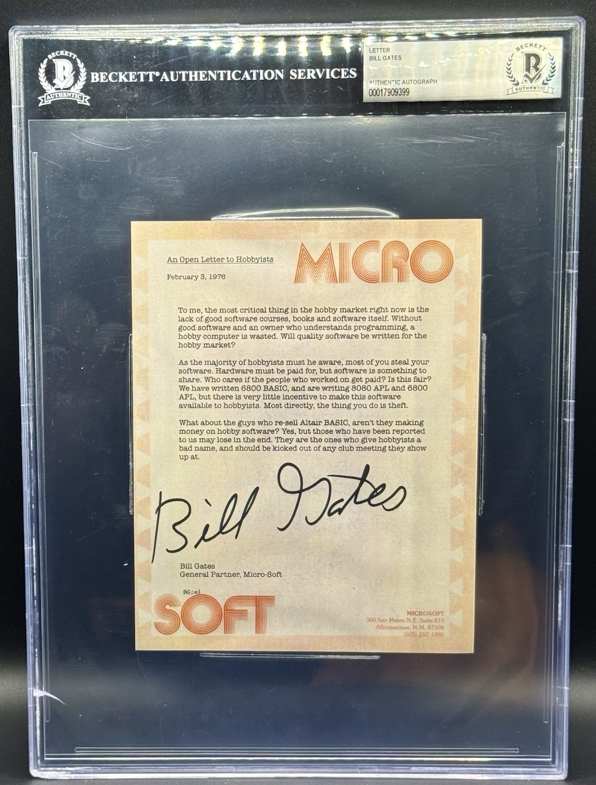 Bill Gates Signed Microsoft 1976 Open Letter To Hobbyists Beckett Auth.