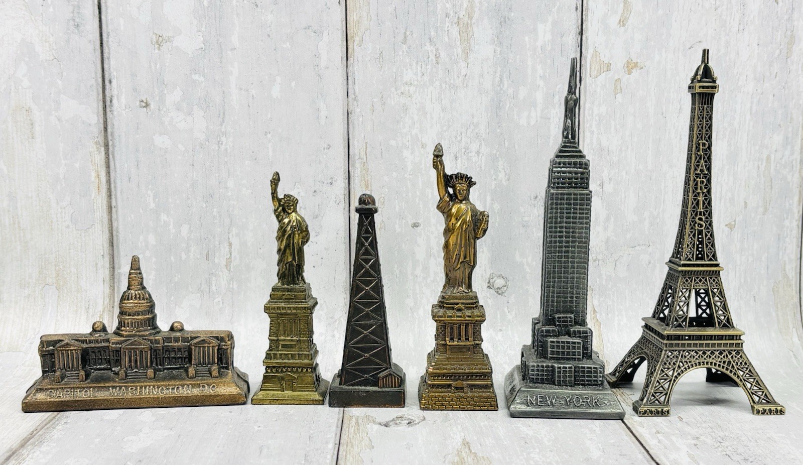 Vintage Cast Metal Landmark Souvenir Lot of 6 Eiffel Tower Statue Liberty USA