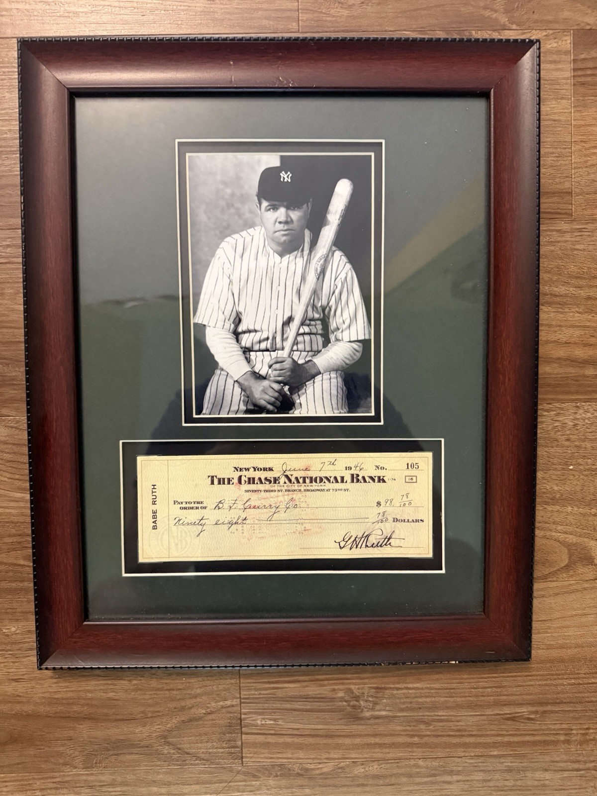 Babe Ruth Framed Photo 1946 Chase Bank Check REPLICA Repligraph Yankees