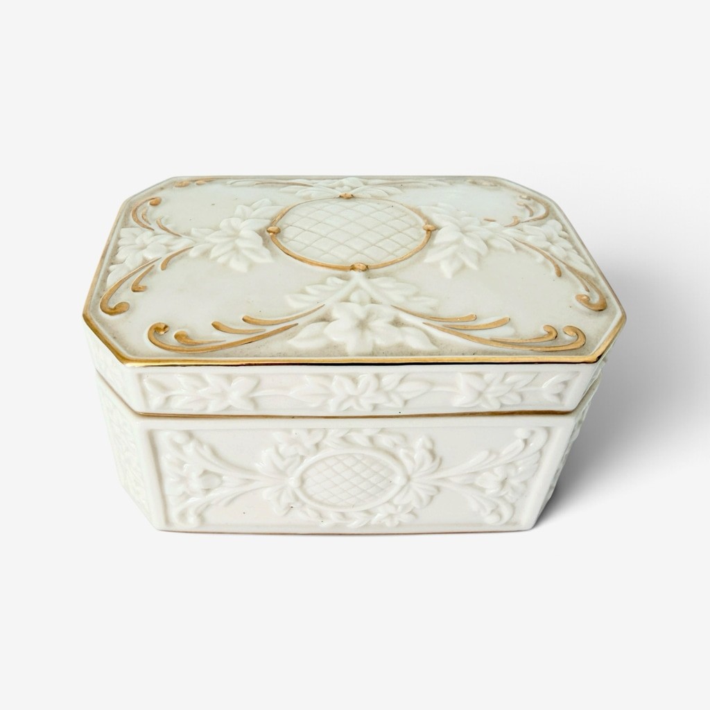 Vintage Lenox 24K Gold Porcelain Trinket Box Floral Relief Velvet Lined Jewelry