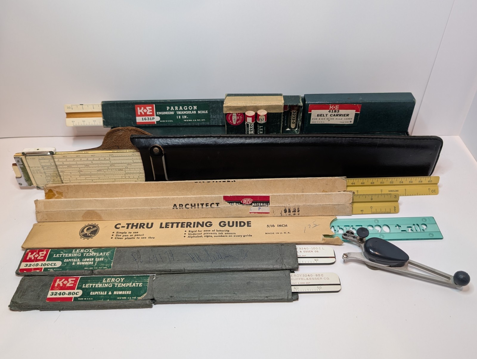 Vintage K&E Leroy Lettering Toolset, Slide Ruler and Leather Case, Paragon Ruler