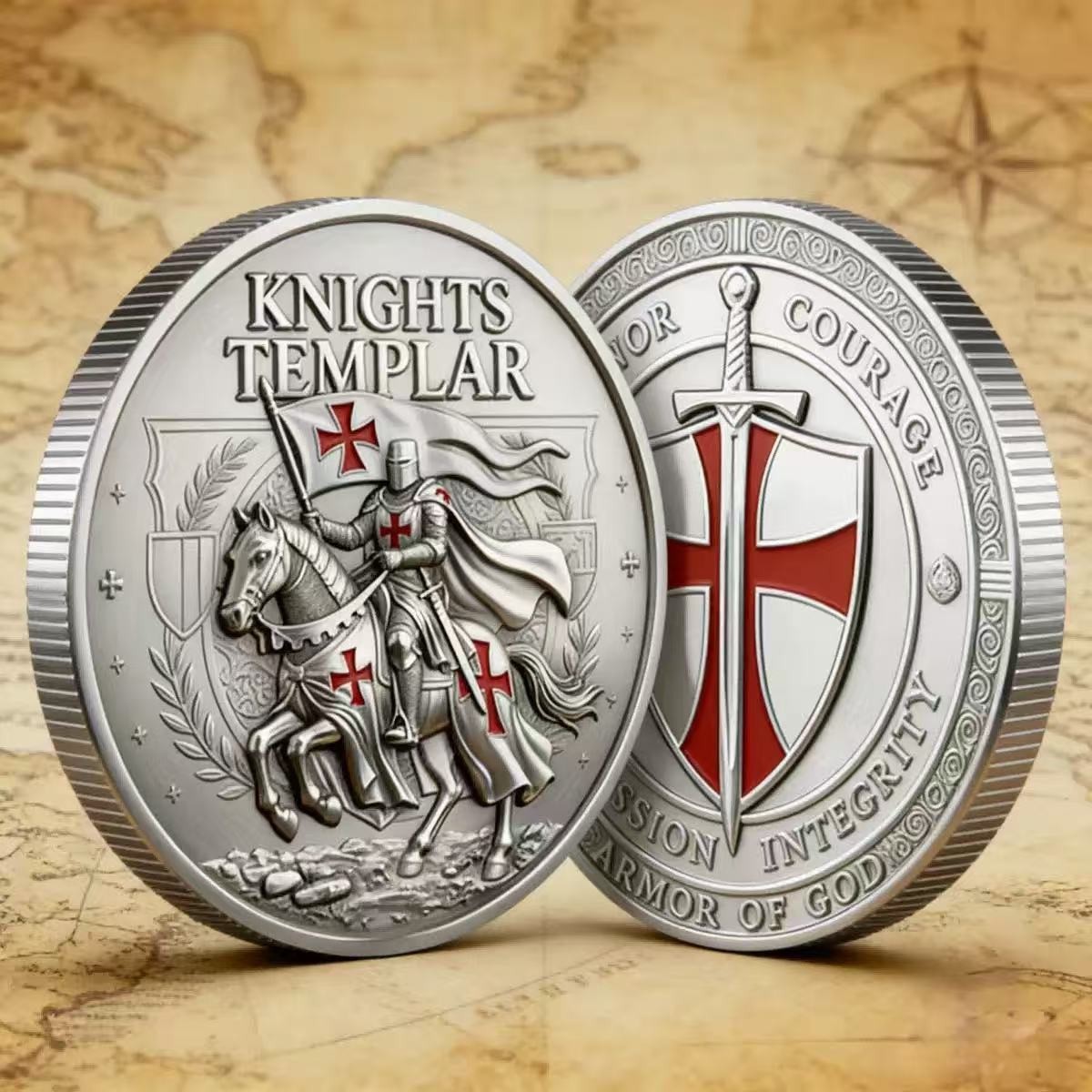 Knights Templar Challenge Coin Armor of God Crusader Red Cross Shield Case Gift
