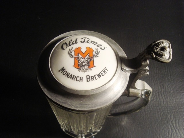 Circa 1910 Old Times Beer Monarch Brewery Porcelain Insert Stein, Chicago