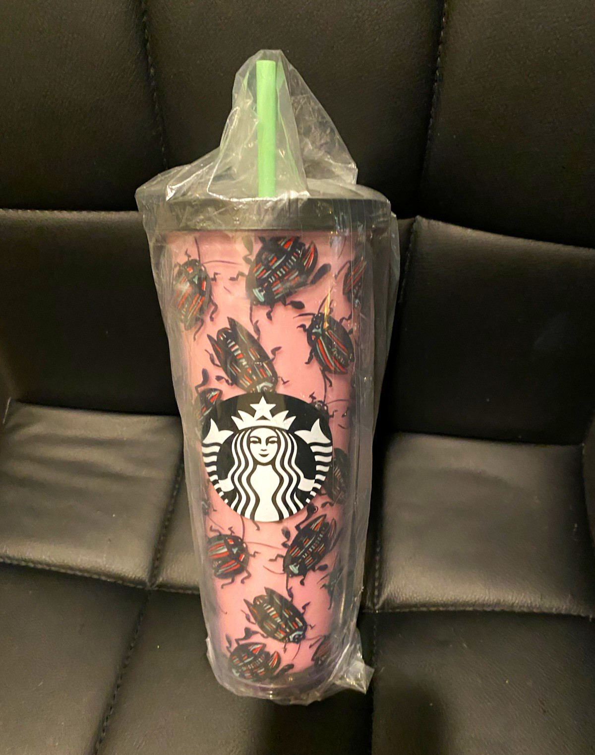 Starbucks 2017 Pink Beetle Bug Print Cold Cup Tumbler w/ Lid & Green Straw BNWT