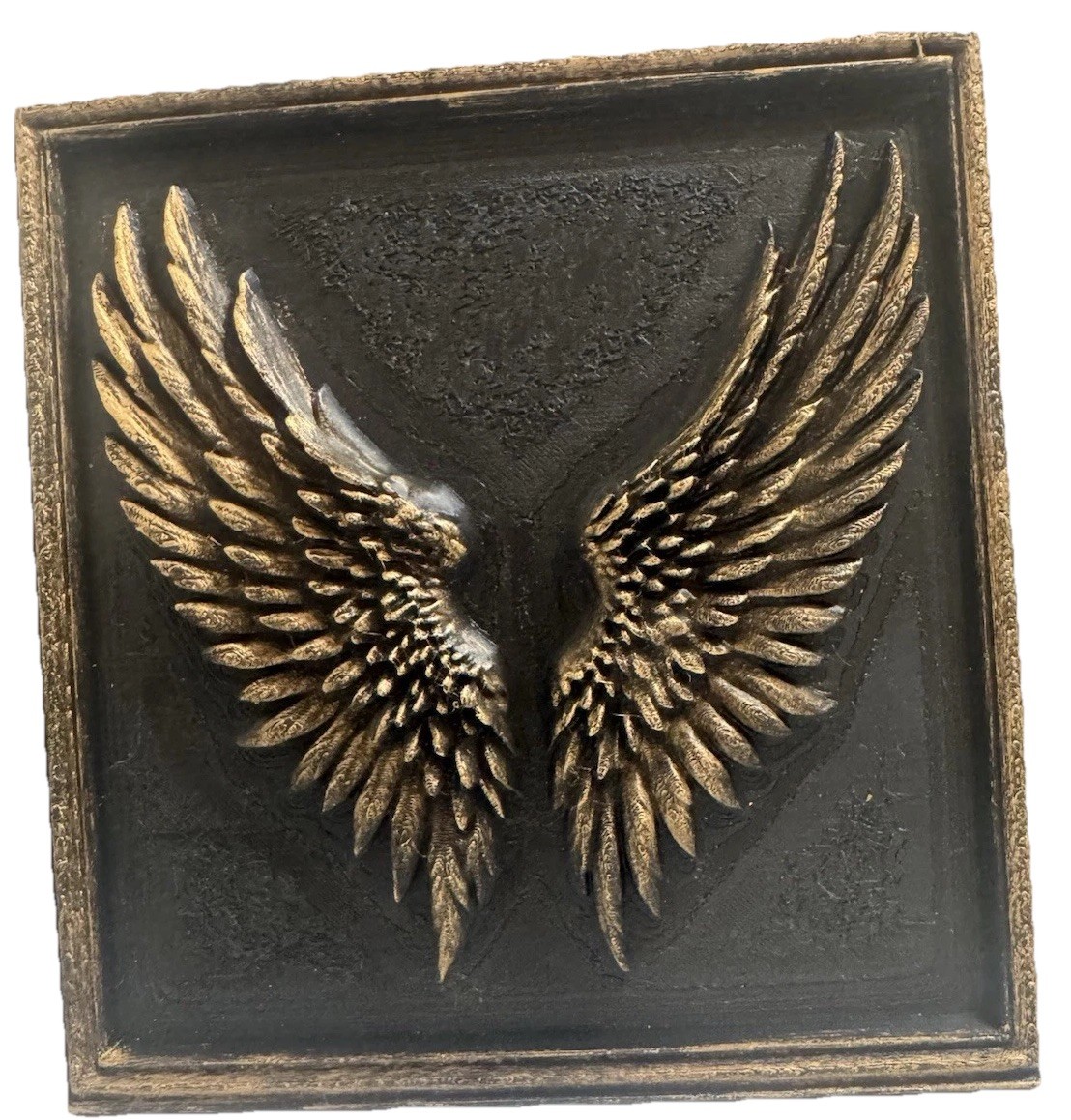 Bronze Angel Wings Relief Sculpture Wall Art 7.5” X 8” 3D Feathered Wings Plaque
