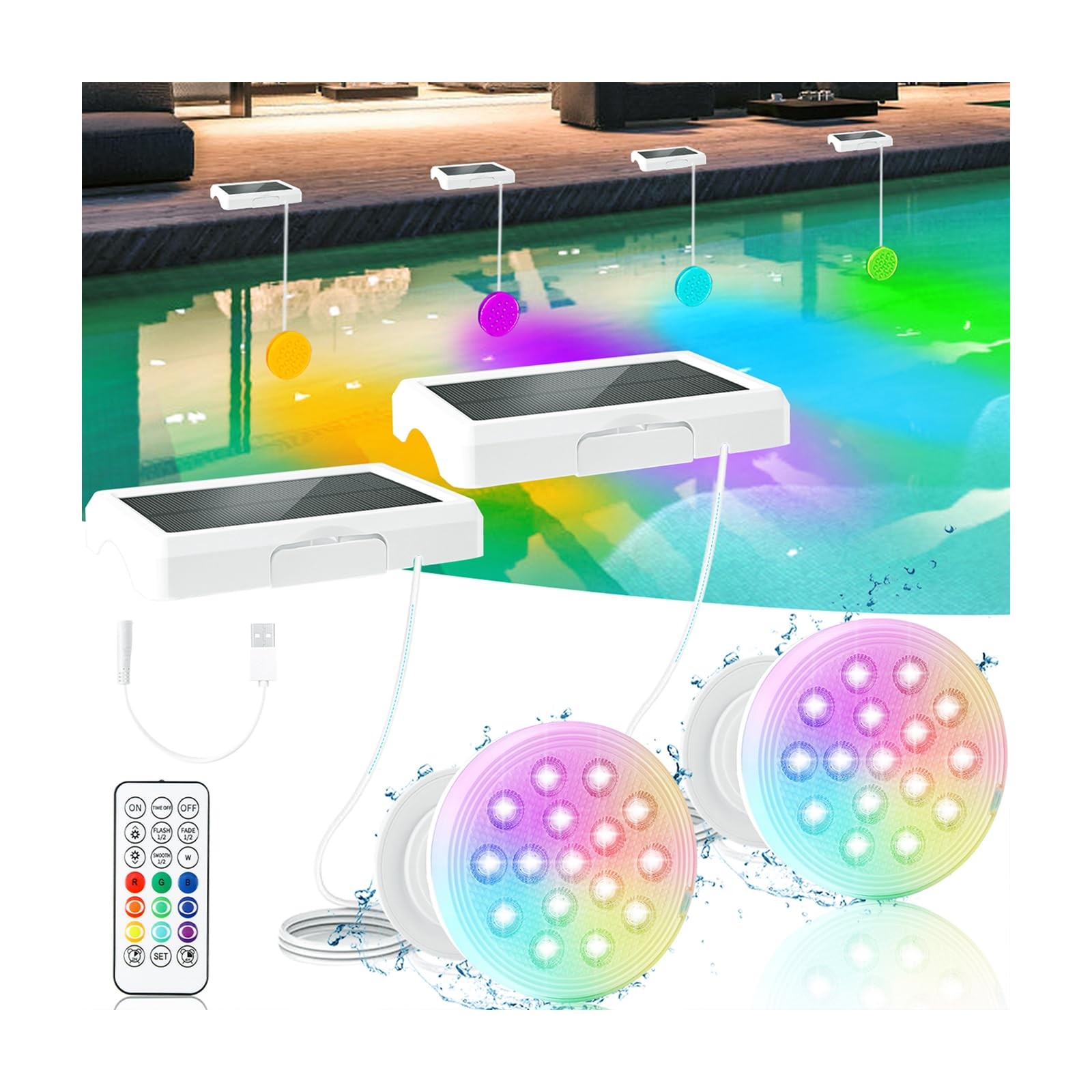 BOXPSII Solar Pool Lights, Upgraded USB Rechargeable Submersible LED Lights with