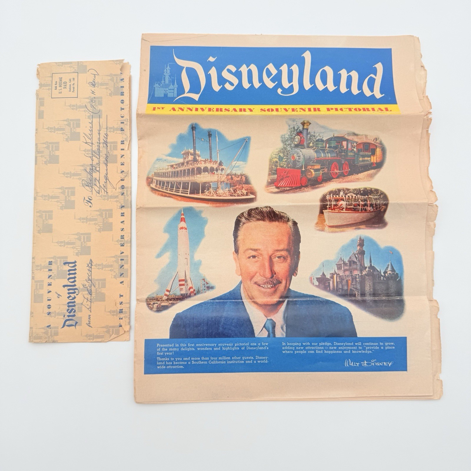 Vtg 1956 Disneyland 1st Anniversary Souvenir Pictorial Book w/ Original Envelope