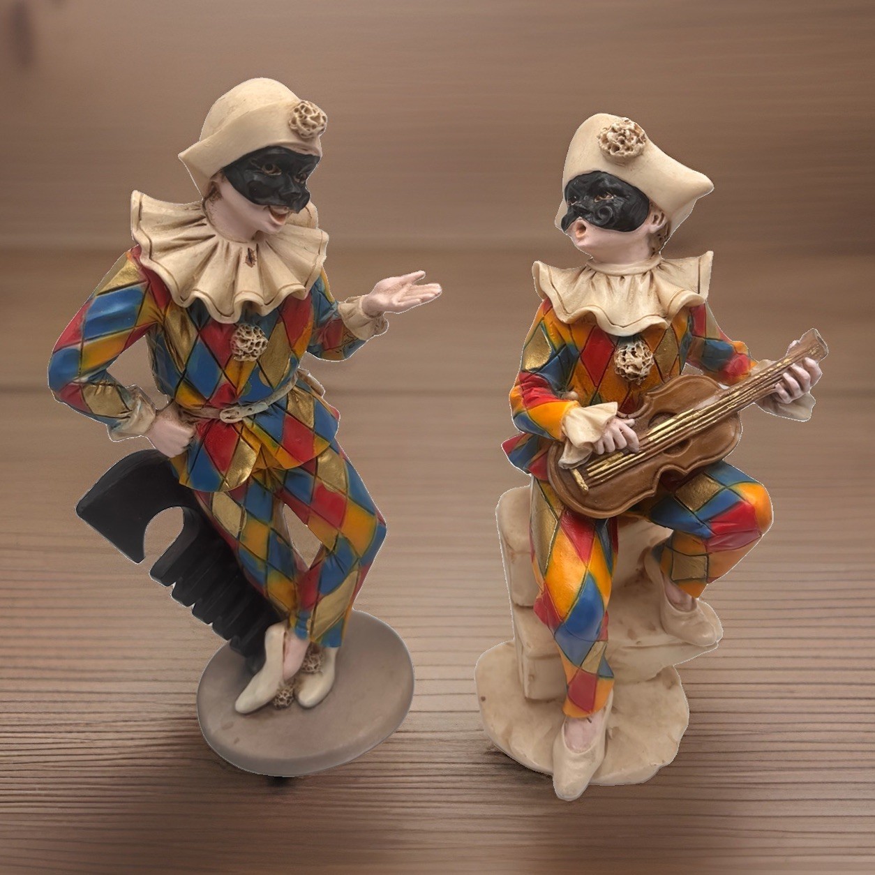 2 Vintage Harlequin Jester Figurines Signed Made In Italy