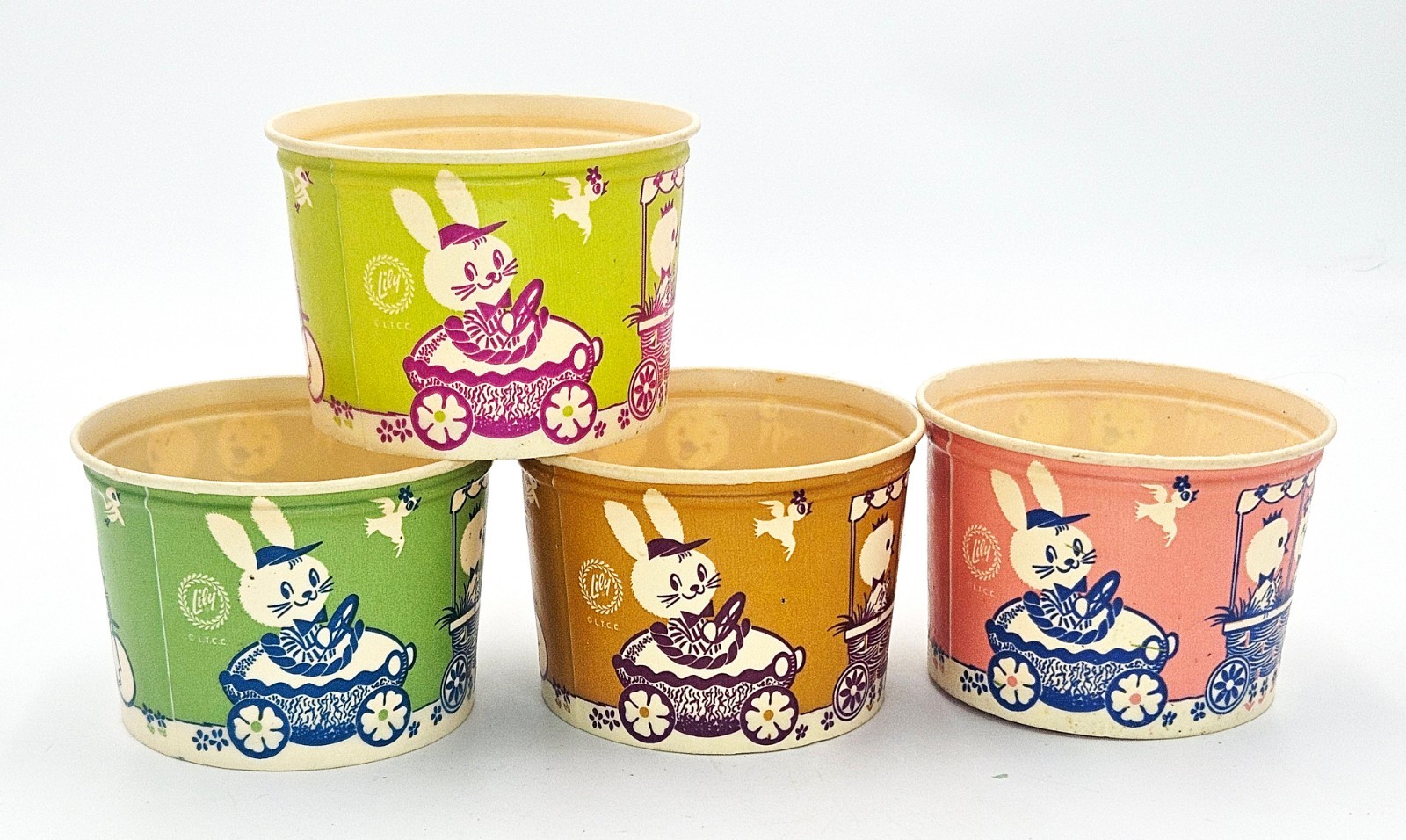 Easter Joy Ride Design  Vintage Cottage Cheese Containers by Lily Set of Four