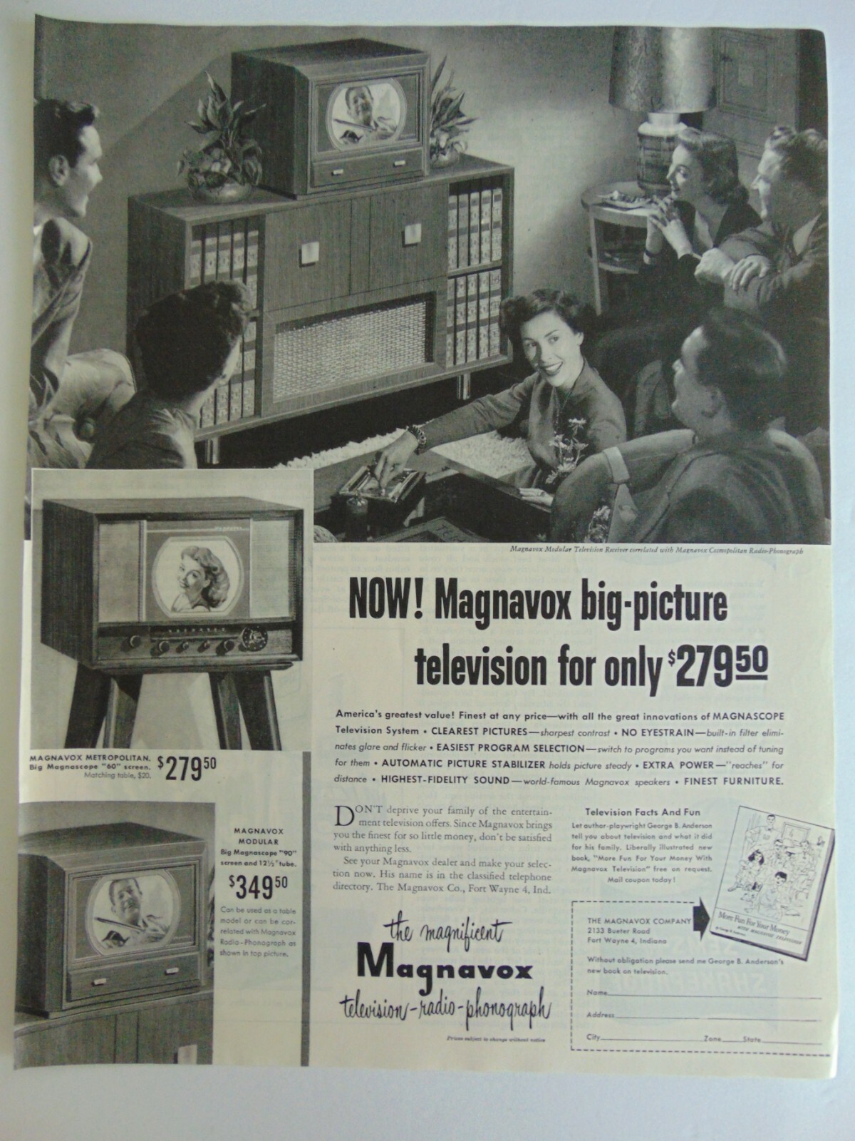 1949 MAGNAVOX Big-Picture Television ~magazine print ad