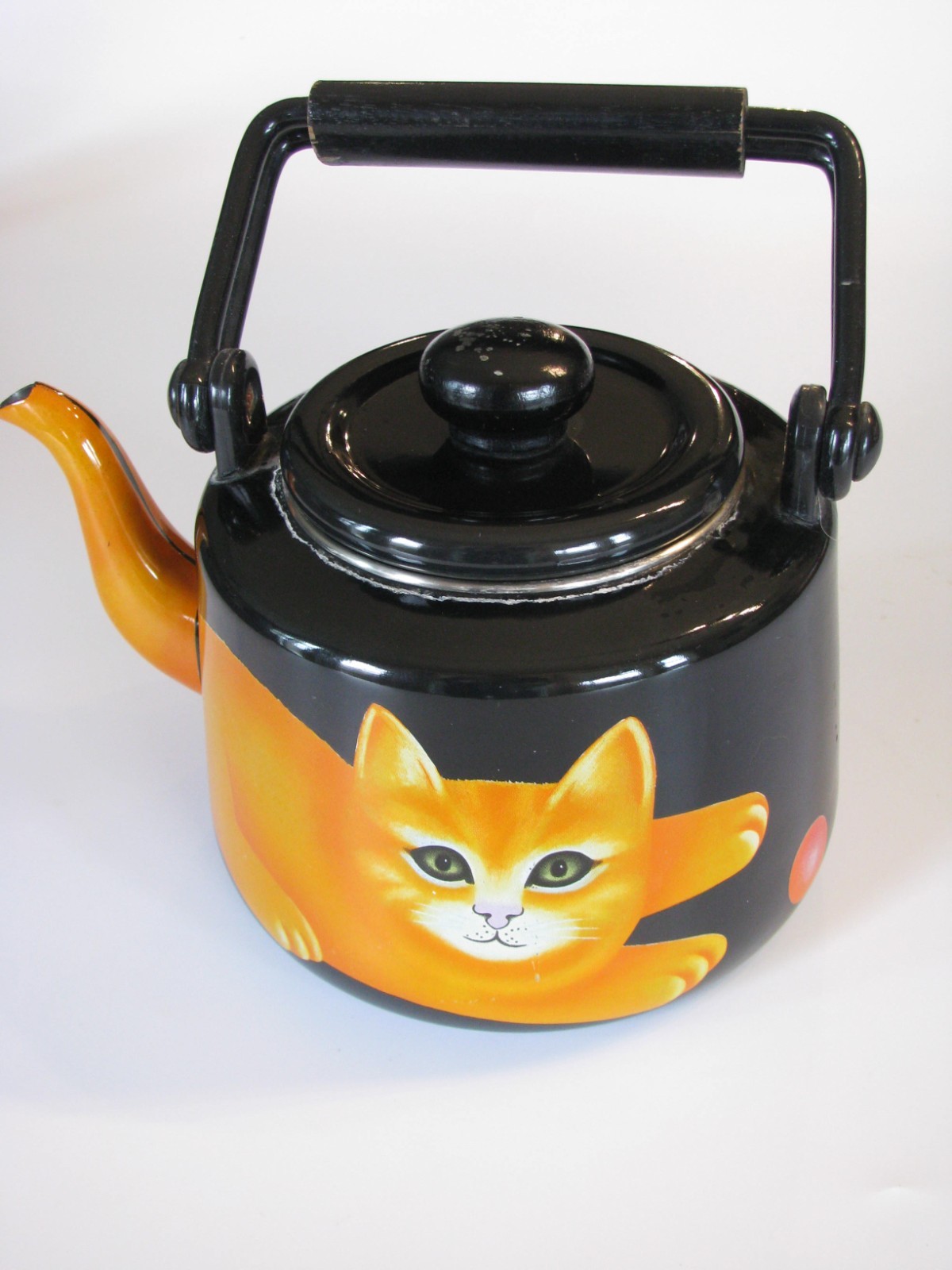 Vintage Martin Leman Orange Cat Black Enamel Teapot Tea Kettle w Lid & Handle R7