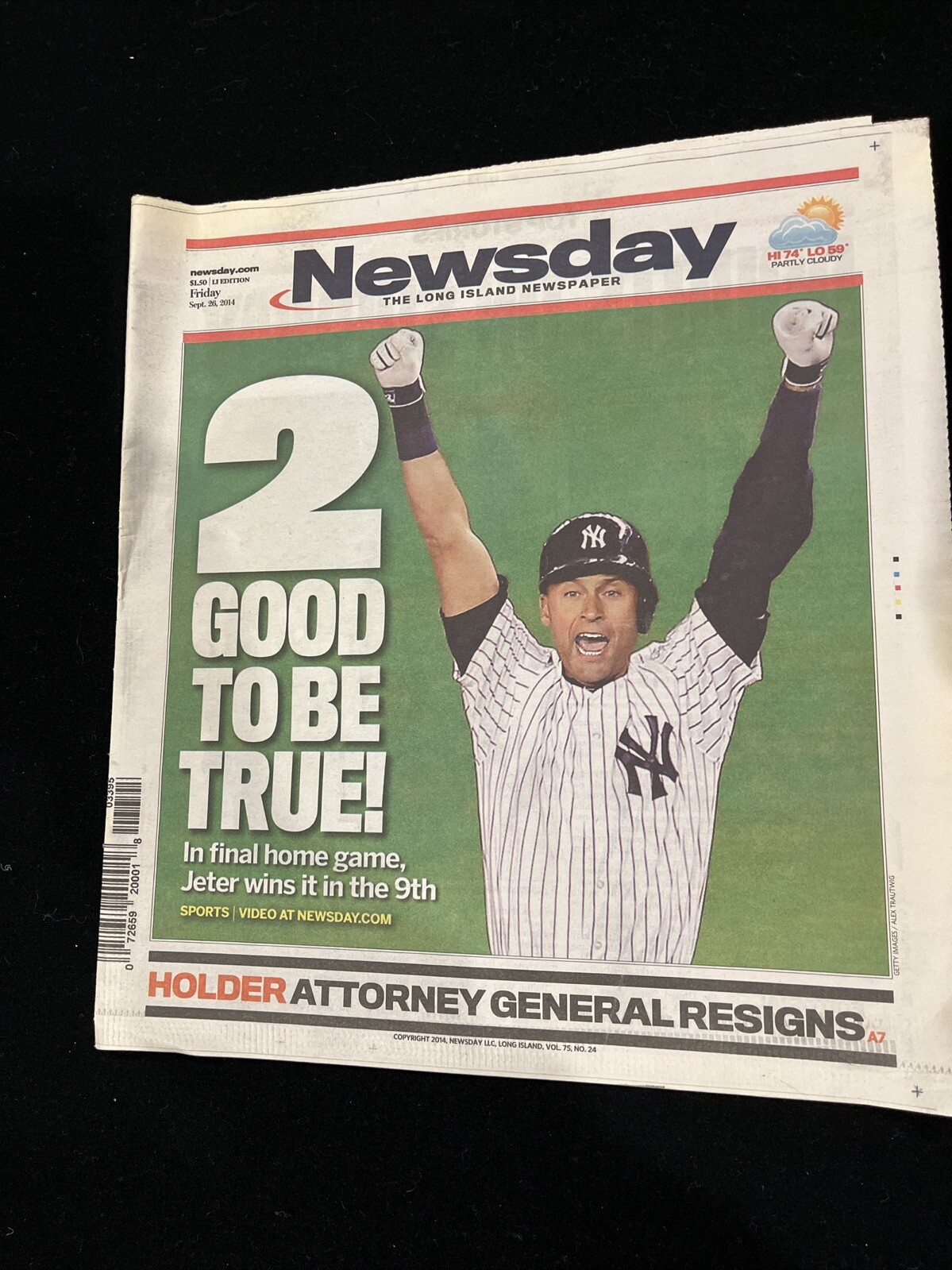 2014 Newsday Full Newspaper Derek Jeter Walk Off Final Game Yankee Stadium Mint
