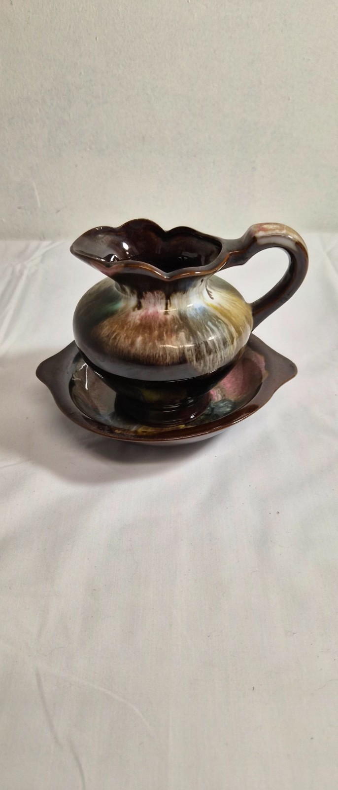Vintage 6.5 in x 5 in Japanese redware mini pitcher and underplate