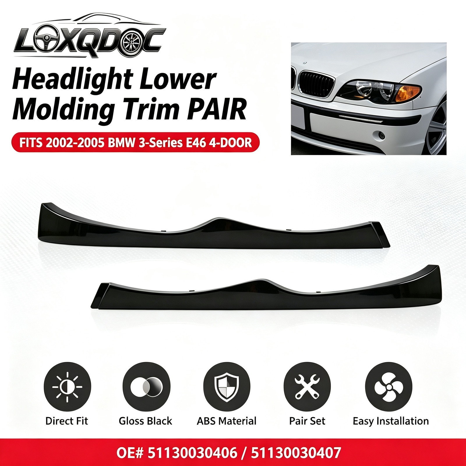 Headlight Lower Molding Trim PAIR For BMW 3-Series E46 4-DOOR 2002-2005
