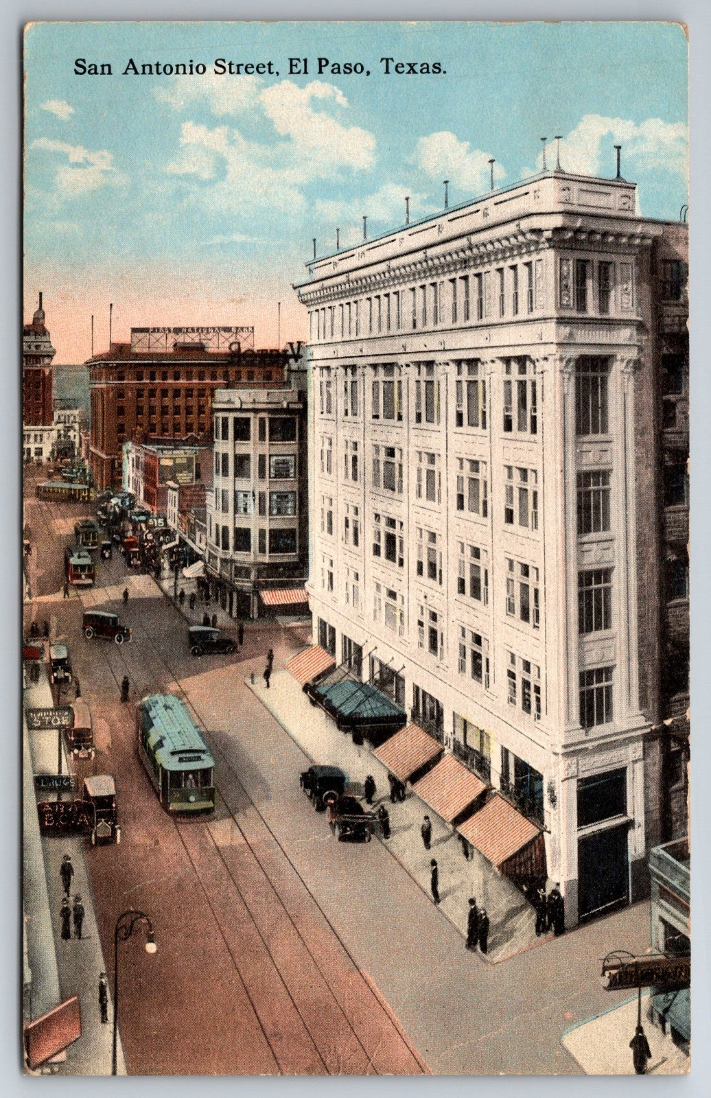 TX, El Paso, San Antonio Street, Aerial View, Trolley, Vintage Postcard
