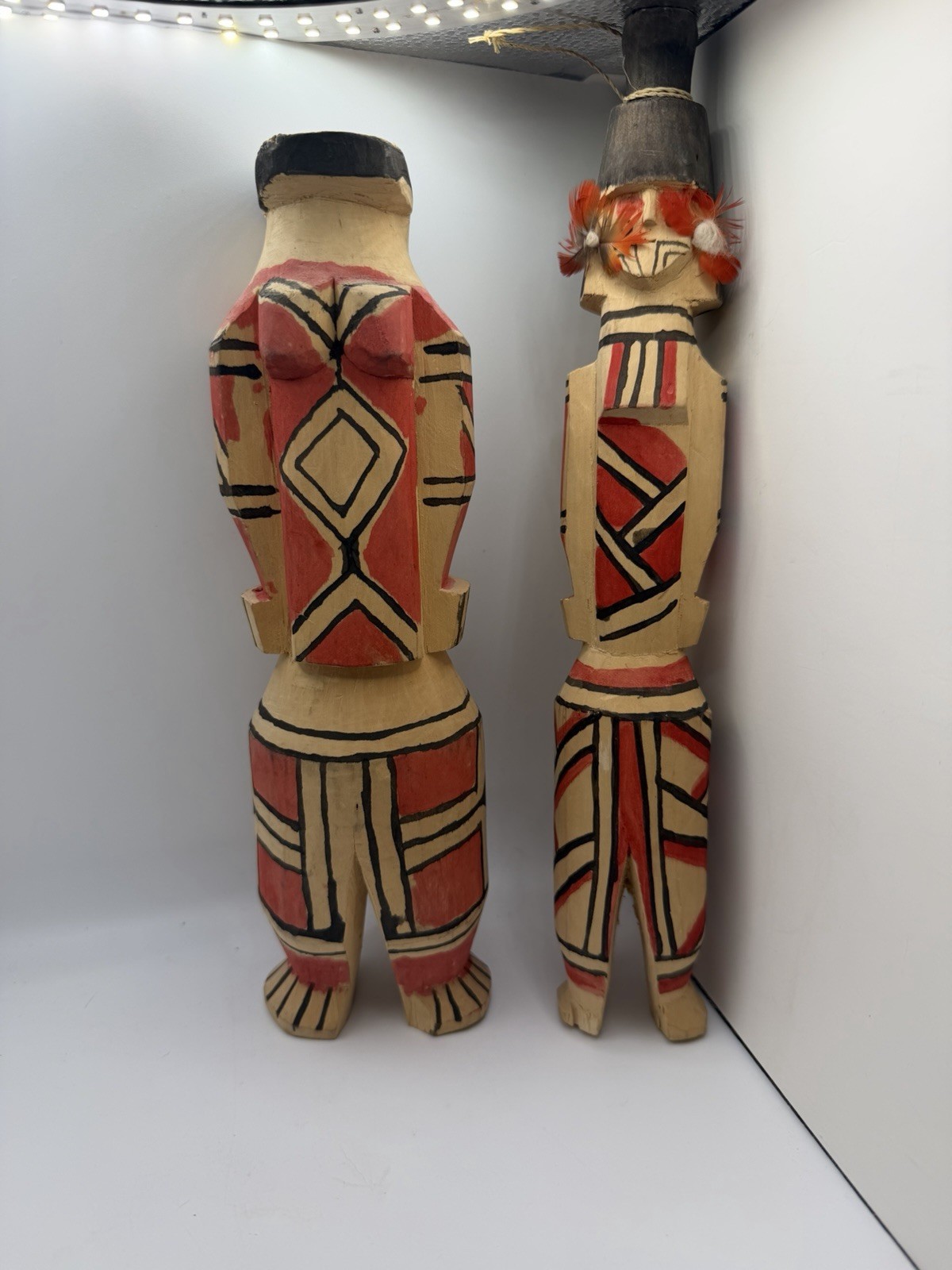 Brazilian Indigenous Wooden Dolls Set Of 2 Dolls Folk Art &1 Rake