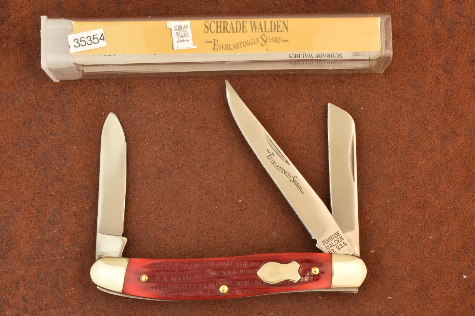VINTAGE NOS SCHRADE WALDEN USA RED JIG BONE STOCKMAN KNIFE ORIG TUBE/BOX