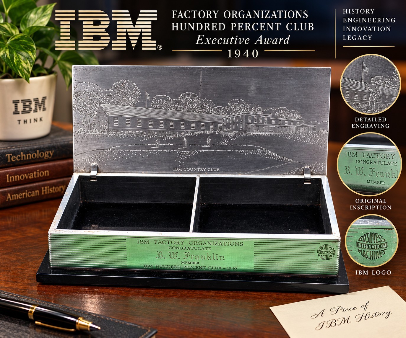 Rare 1940 IBM Hundred Percent Club B.W. Franklin Award Desk Box Country Club
