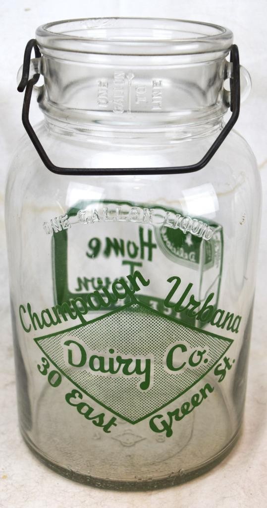 Vintage Champaign Urbana Dairy Illinois Green Pyro Wide Mouth Gallon Milk Bottle