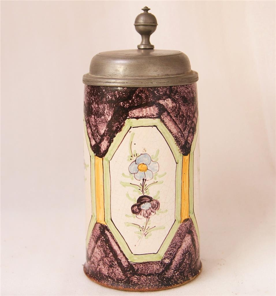 Antique German Faience Beer Stein with Floral Bouquet Amberg Factory late-1700s