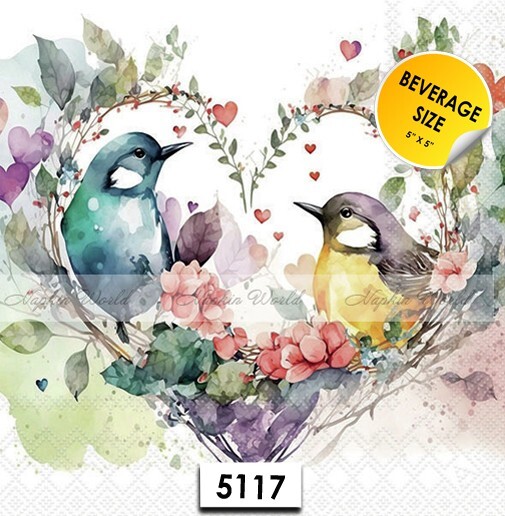 (5117) TWO Paper BEVERAGE / COCKTAIL Decoupage Art Craft Napkins - BIRDS IN LOVE