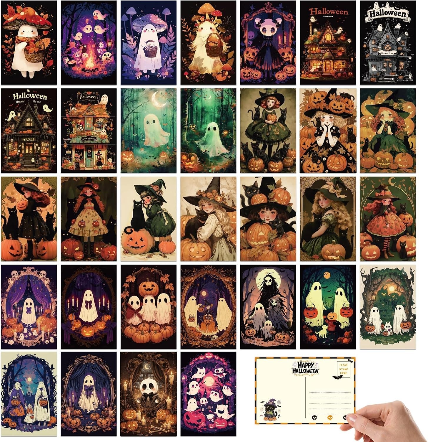 32 Pcs Vintage Halloween Postcards 4 x 6 Retro Halloween Greeting Cards Scary
