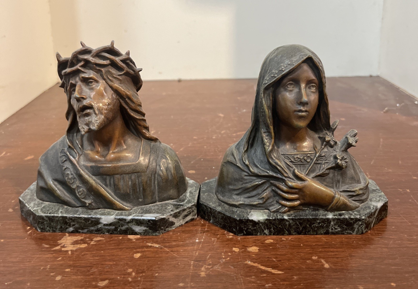 Catholic Church Bronze Jesus And Mary Busts 4.5 & 5”