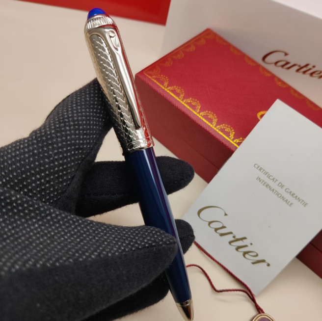 Cartier Guilloche Iced Blue Lacquer Ballpoint Pen Silver Trim Luxury Gift Box