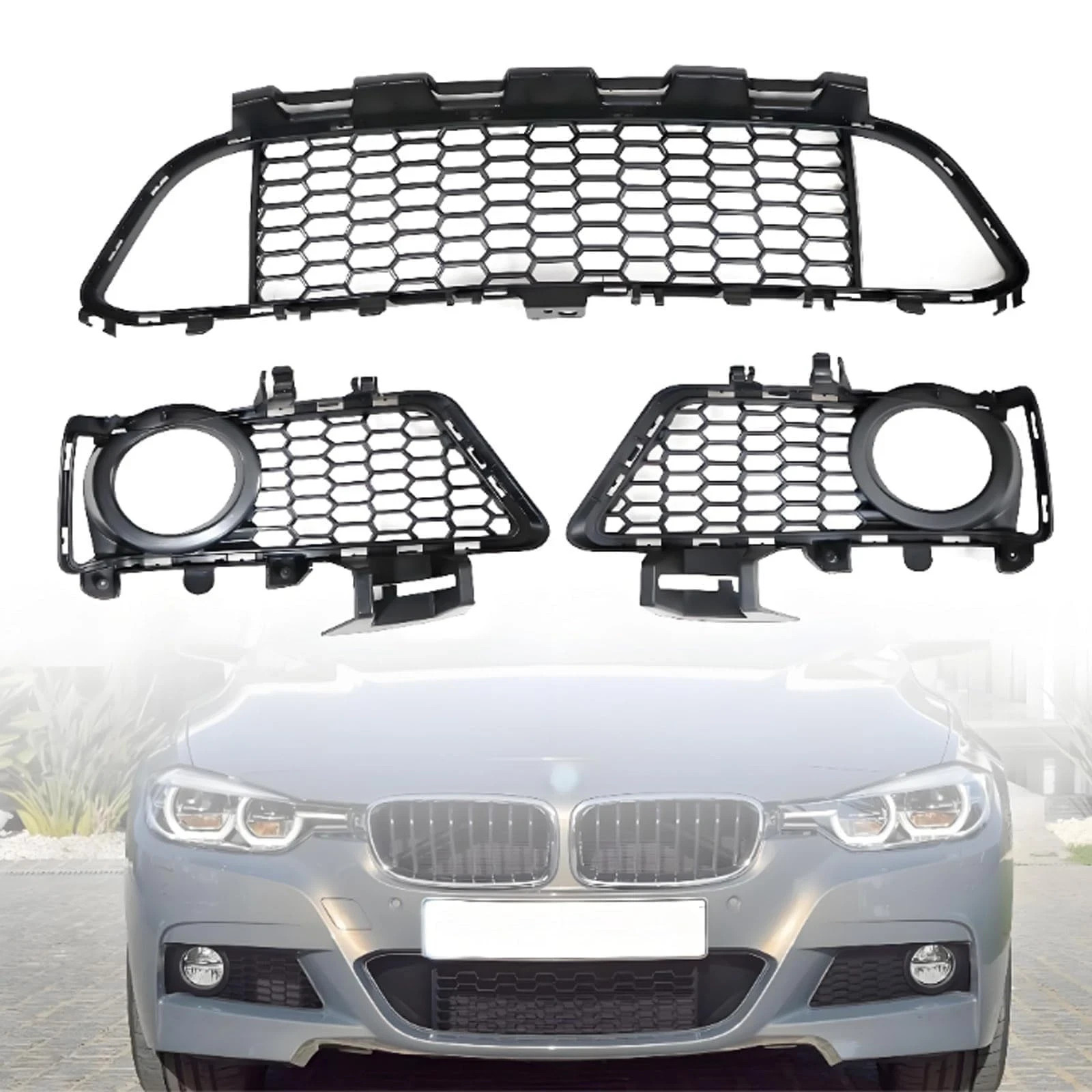 3PCS Lower Bumper Grille Front Left & Right & Center Compatible with BMW 3 Se...