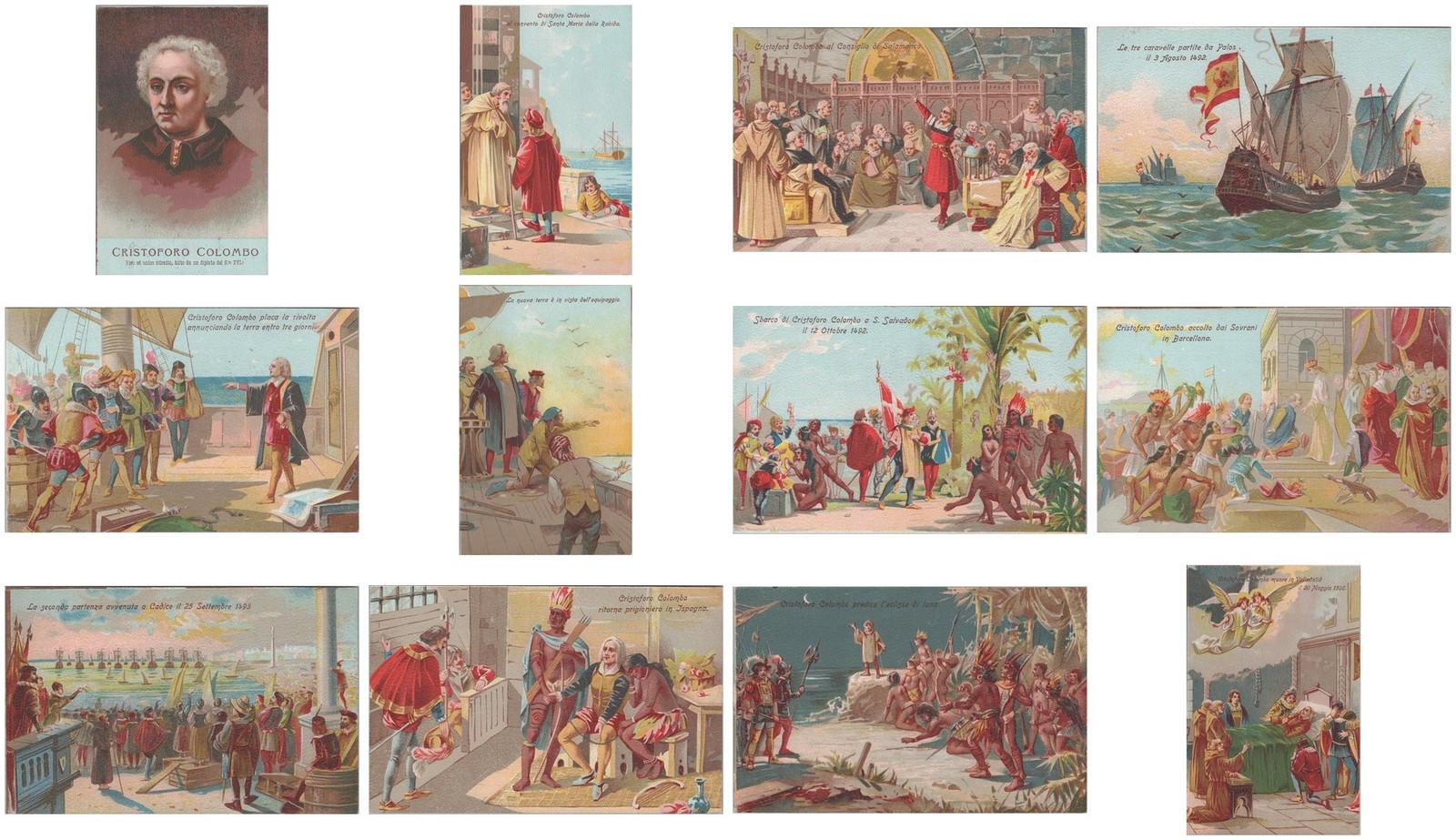 Christopher Columbus Complete 12 Card Set Italian Chromolithograph c1900 UNUSED