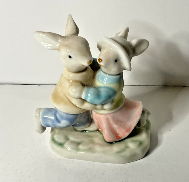 Vintage Bunny Couple Figurine – Dancing Rabbits Pair – Ceramic Cir 1990s