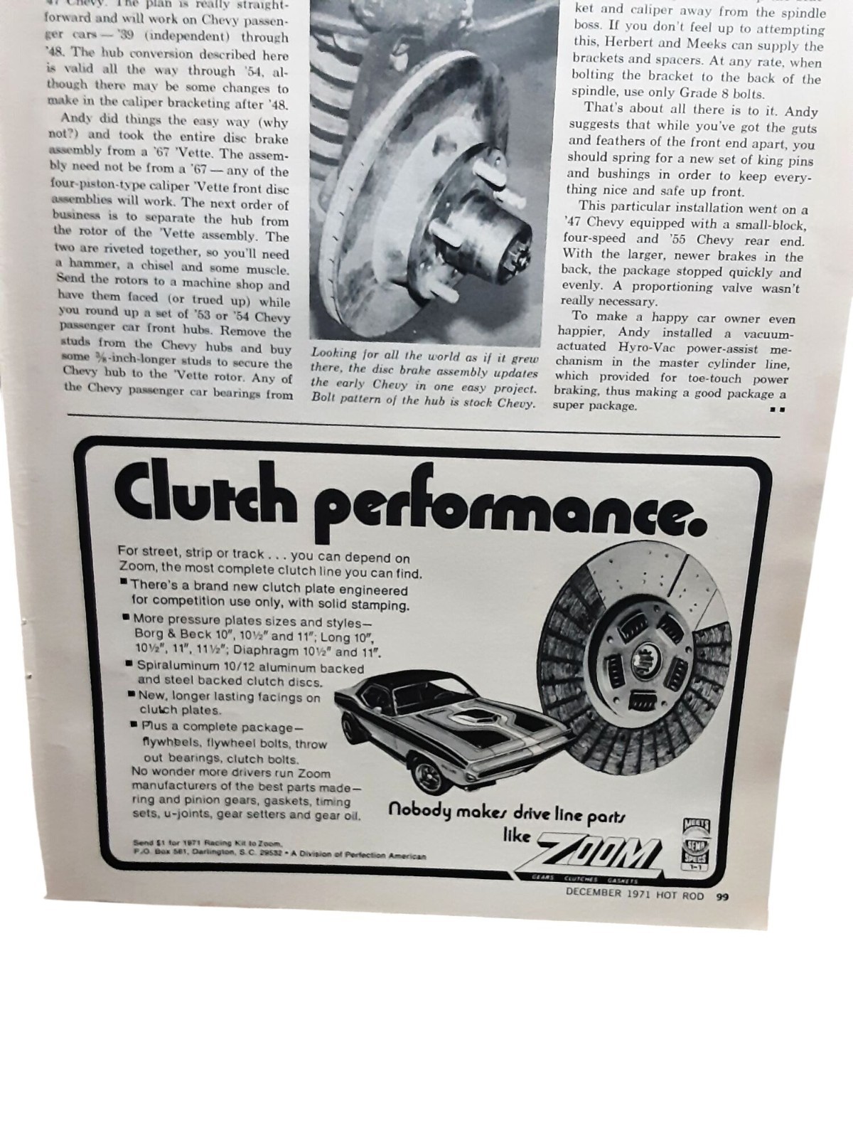 1971 Zoom Clutch Performance Parts Ad Muscle Car Vintage