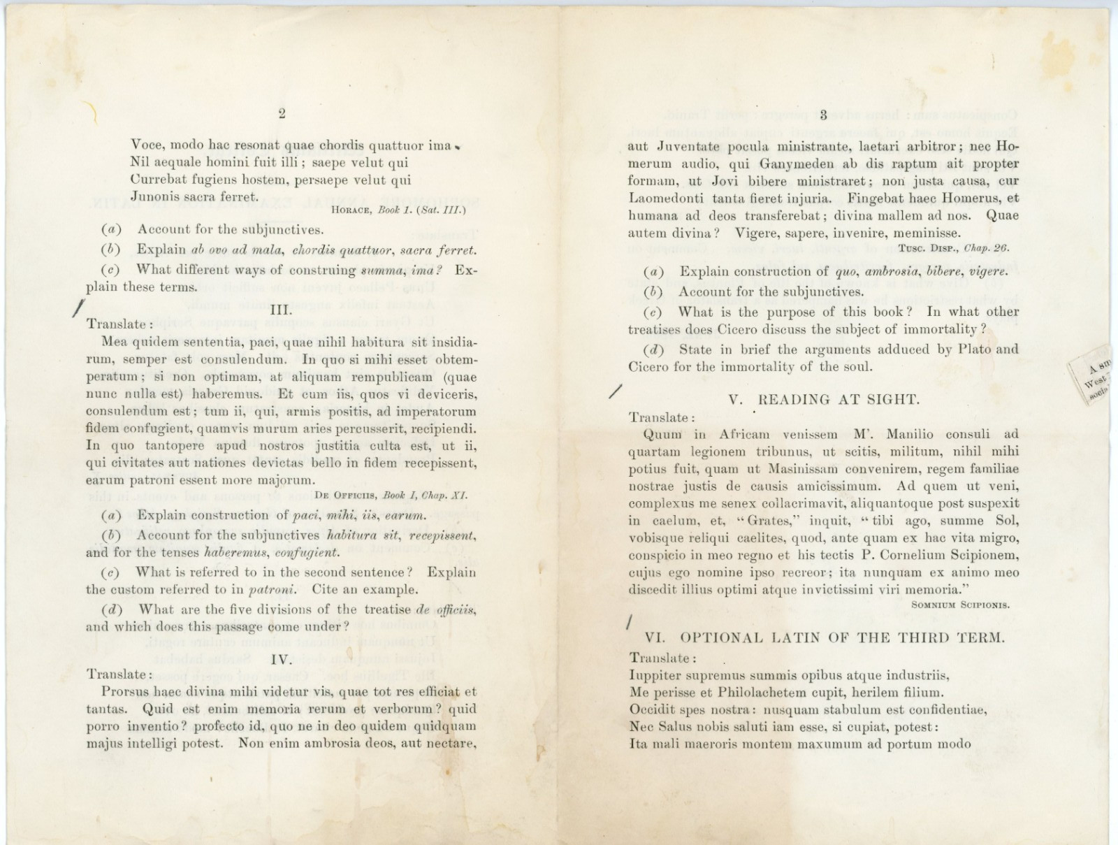 1883 Williams College Sophomore Latin Final Exam #KB