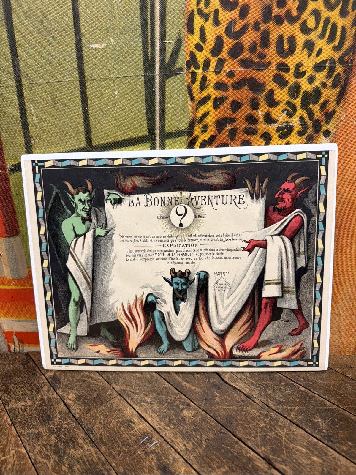 ANTIQUE C. 1910 THE GOOD FORTUNE MAGIC POSTER SIGN FRENCH GAME DEVIL SATAN EVIL