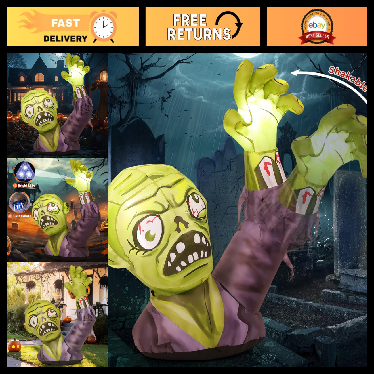 5.2 FT Halloween Inflatable Zombie Yard Decoration - LED Outdoor Blow Up Terror
