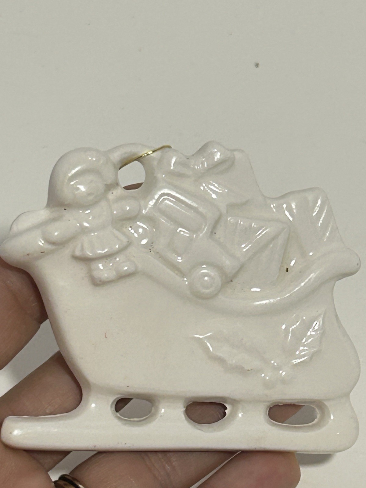 Vintage 1990s Monochromatic White Porcelain Santa's Sleigh Christmas Ornament