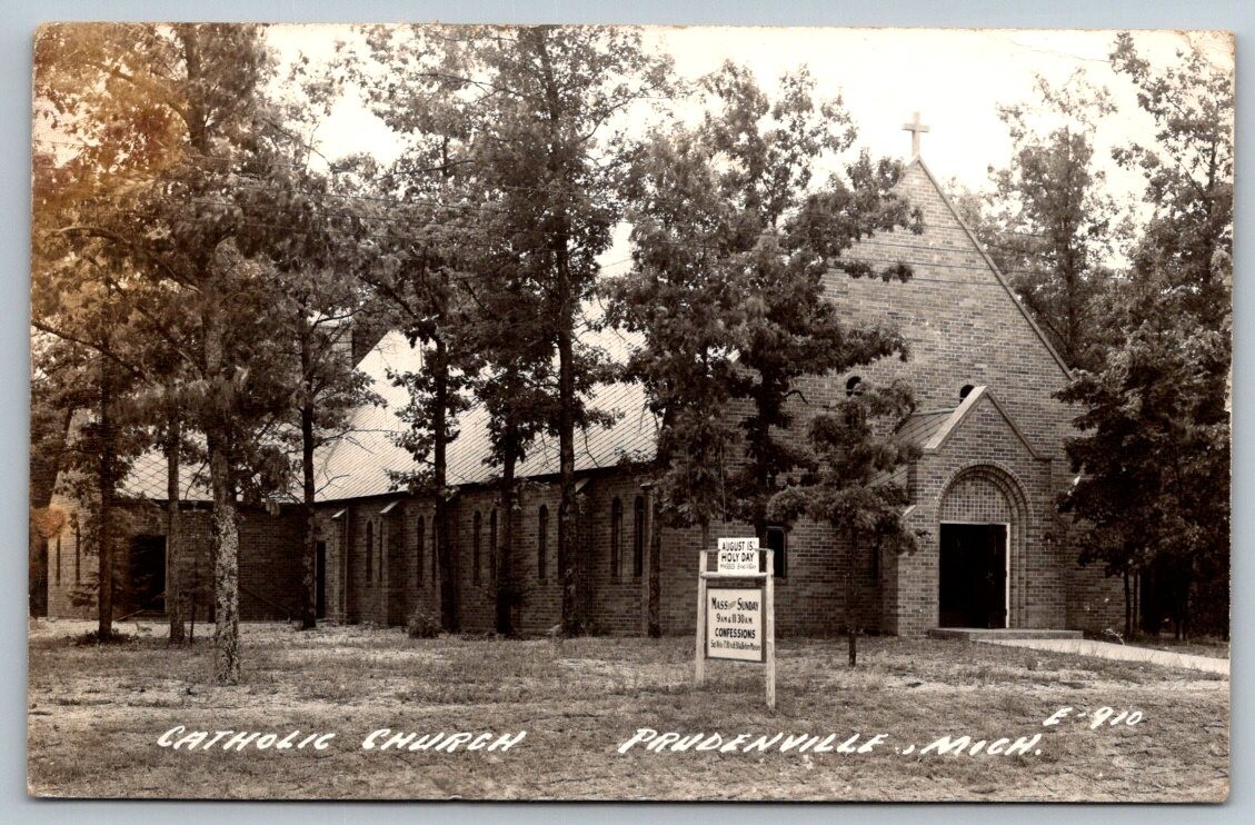 RPPC  Prudenville  Michigan  Catholic Church  Real Photo Postcard 1952
