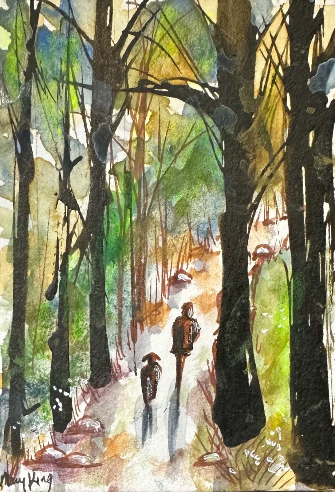 Watercolor ACEO Original Painting by Mary King - Walking The Dog