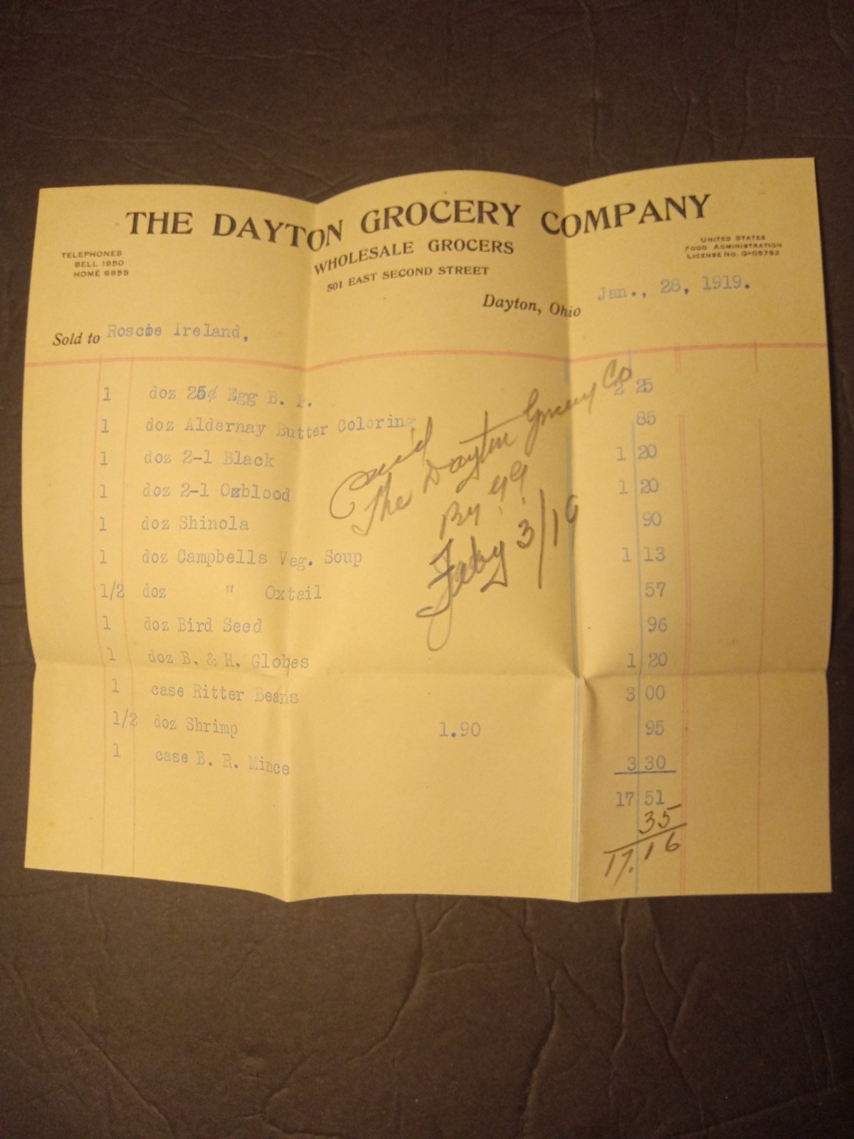 1919 the dayton grocery co sales order receipt ohio antique Ephemera advertising
