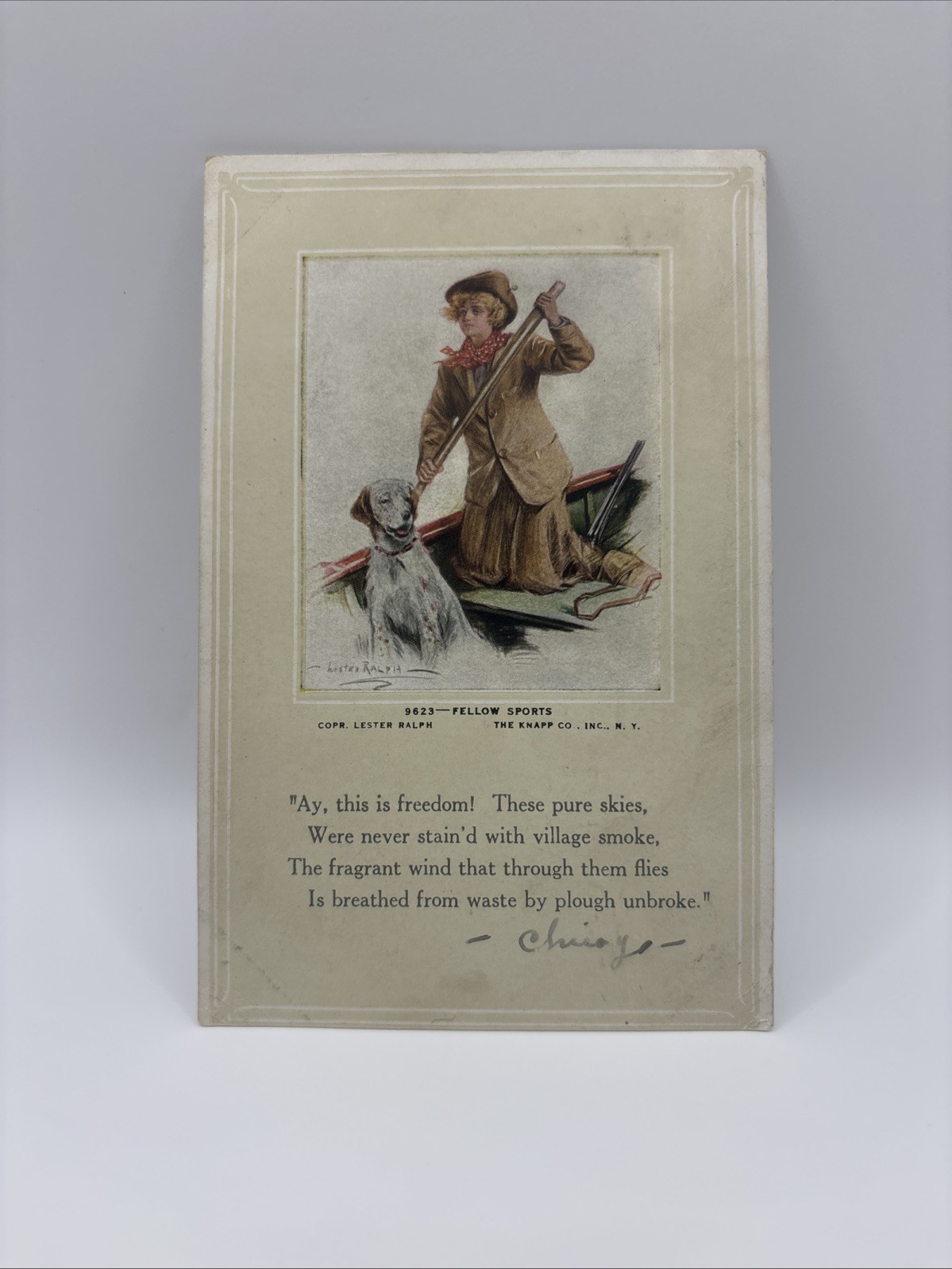 SIGNED LESTER RALPH Woman Duck Hunting With Bird Dog-Fellow Sports