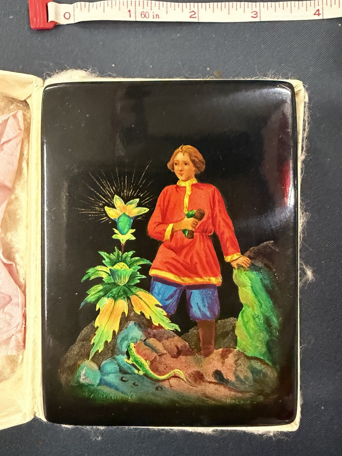 Vintage Fedoskino Russian Lacquer Box Ivan Tsarevich w Paper Label