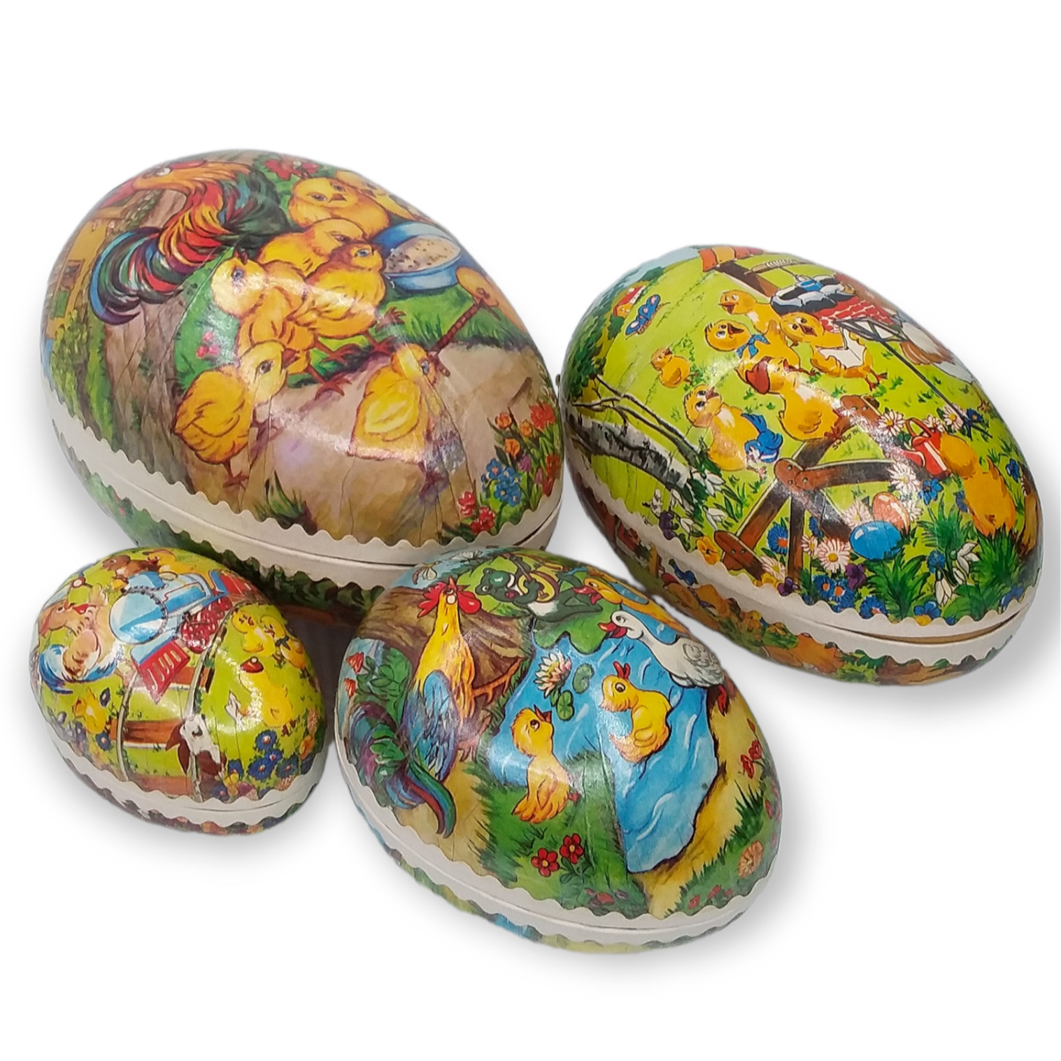 Vintage 1950s German Paper Mache Eggs Nesting Set of 4 Baby Chicks on Farm