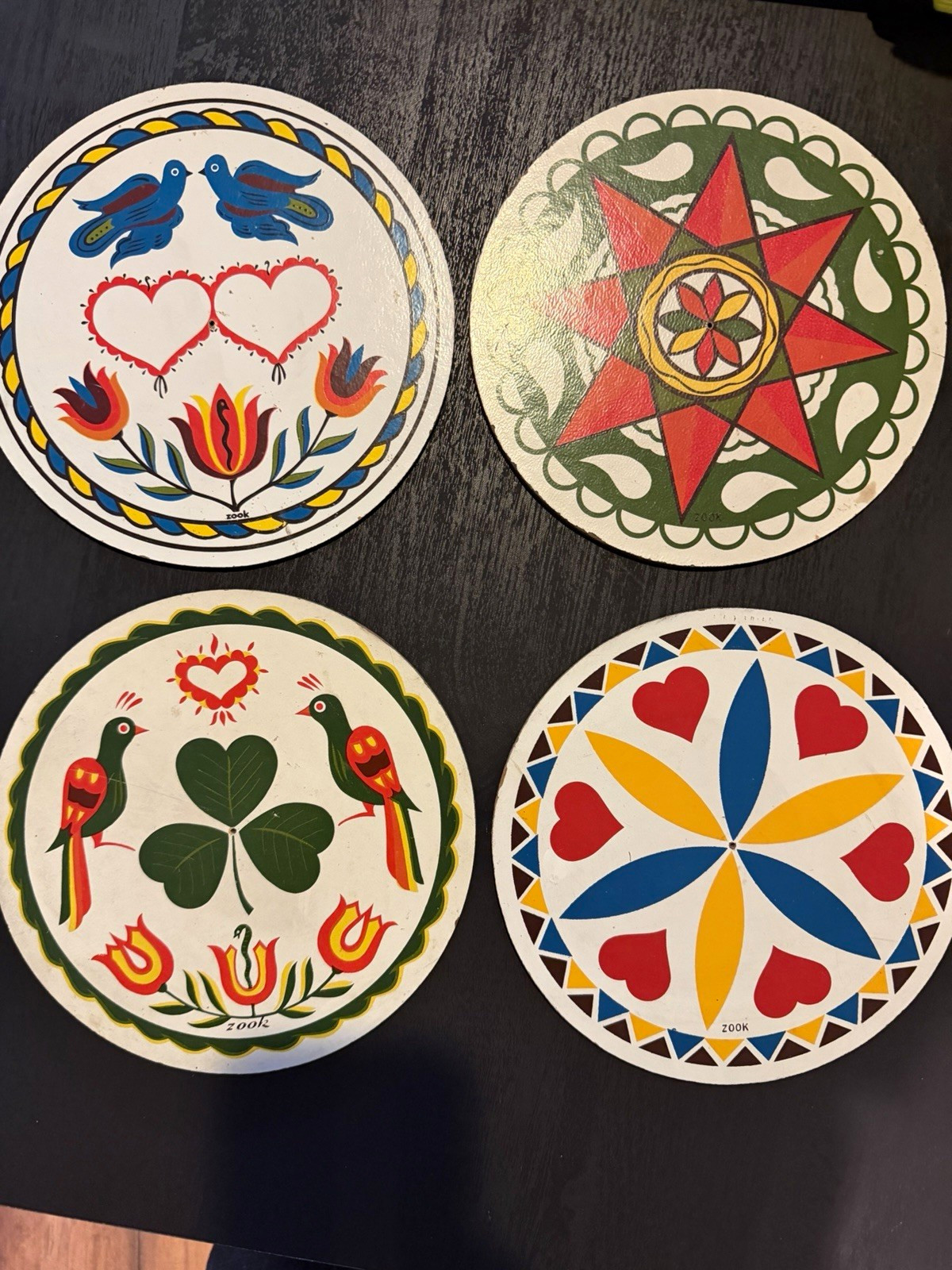 Pennsylvania Dutch Round Hex Sign Plaques Set of 4 Folk Art Decor